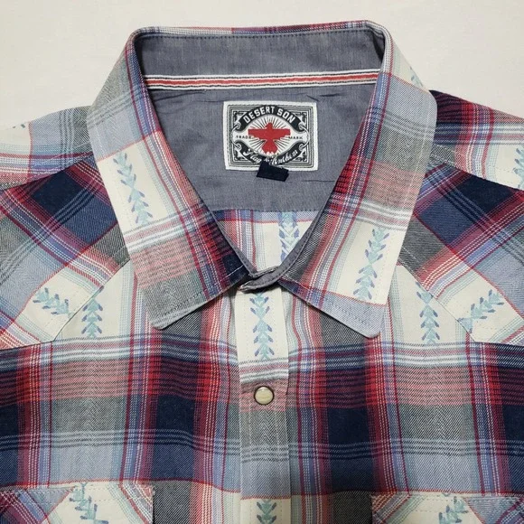 Desert Son Mens Plaid Snap Front Western Shirt XL Red Blue White Feather Print - Picture 3 of 13